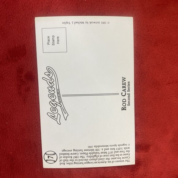 1991 Legends Postcard Baseball #7 Rod Carew Minnesota Twins Angels 3.5" x 5.5” - Picture 2 of 4